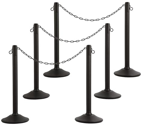 US Weight ChainBoss Black Plastic Stanchions Crowd Control Barriers with 10' Black Plastic Chain – Easy to Use Lightweight Fillable Base Line Dividers – 6 Pack