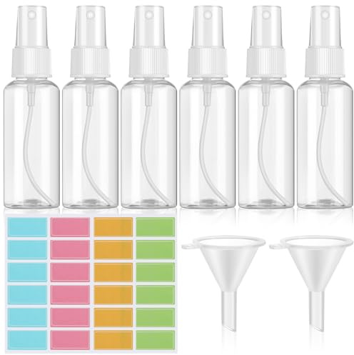 Dewdropdale 6 Stück 50 ml Sprühflasche Klein, Mini Sprühflasche, Zerstäuber Sprühflaschen-Set mit Trichter und Etikett, Tragbares Transparente Sprayflasche für die Körperpflege, Flüssige Kosmetik