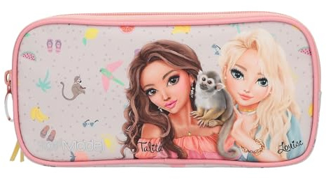 Depesche 13325 TOPModel Juicy - Schlampertasche in Creme und Rosa, mit Model Motiv, Äffchen und buntem Muster, Federtasche mit Netzfach