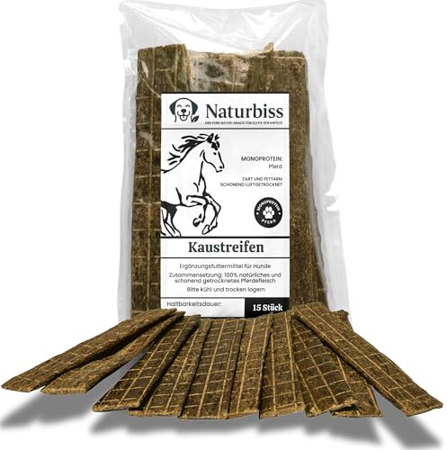 Naturbiss Pferdstreifen für Hunde – 15 Stück (13–15 cm), Barf eckerli, Hypoallergener Kausnack, getreidefrei - ideal für Welpen, Senioren und Allergiker, Kaustreifen, Trockenbarf für Hund
