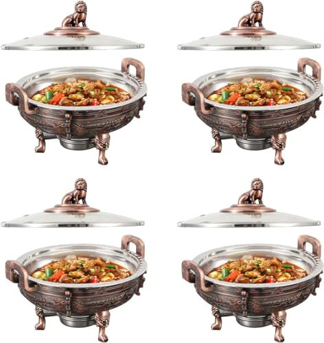 Réchauds Ronds Commerciaux, Chauffe-Plats Et Ensemble De Service De Buffet Rond Avec Bac À Nourriture Et Supports À Combustible Pour Mariages, Couleur Cuivre Rouge - 4 Pièces, Couleur Cuivre Rouge -