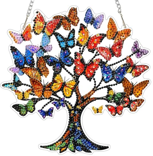 MEIYUDA Hanging Diamond Art Kits Adults Tree of Life, Butterfly Special Shaped Crystal Rhinestone Suncatcher, 5D Diamond Art for Adults Beginners Kids DIY Kits, Window Hanging Ornament