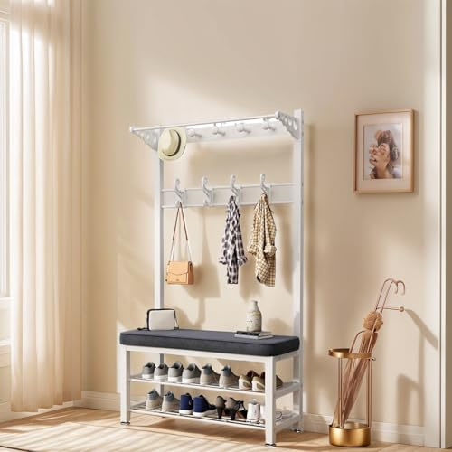 Weiße Garderobe für den Eingangsbereich, mit Bank und 2-stöckigem Schuhregal, für Mäntel und Hüte, 100 cm, stilvolle Aufbewahrungsmöbel für den Hauseingang