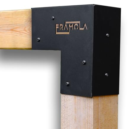Framola 2-Way Pergola Corner Bracket – Suitable for 4 / 4 Inch / 100mm Posts – Textured Black Finish - Heavy-Duty Galvanised Steel – Includes Corner, Faceplate & L-Bracket