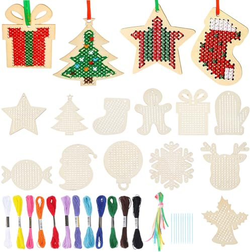 SUNNYCLUE Kit de Punto de Cruz de Madera para Manualidades, Adornos Navideños de Madera, Copos de Nieve, Árbol de Navidad, Estrellas, Renos, Decoraciones Colgantes de Invierno, Kit de Punto de Cruz pa