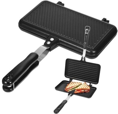 BAZEITFLOW Sartén para Sandwiches Doble Cara Antiadherente Bandeja para Tortitas y Tortillas Mango Ergonómico para Cocina Hogar y Cafeterías