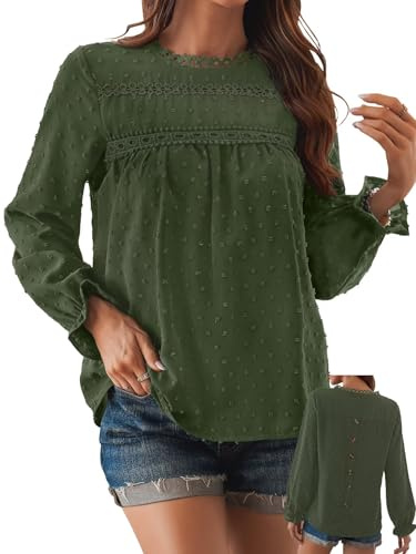 TUUHAW Camiseta Oversize Mujer Camisetas Manga Larga Mujer con Cuello Redondo Camisa Volantes Suelto Básica Blusas Casual Elegante Túnica Encaje Tops Estilo Retro Bordado Oficina T-Shirt Verde XXL
