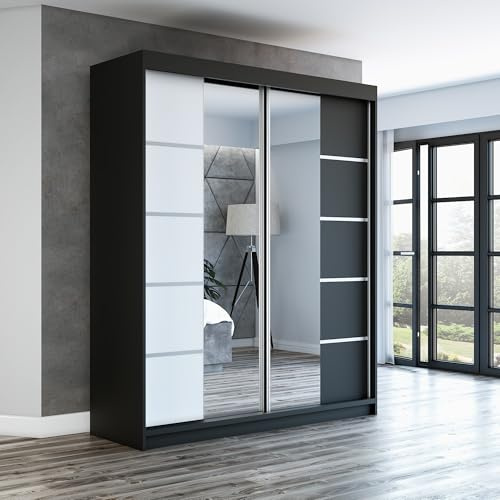 A&J MöbelLand Schwebetürenschrank ERA Kleiderschrank 2-türig mit Spiegel, Garderobe 160 cm (Schwarz/Weiß/Schwarz)