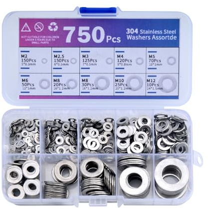 SZWLJ 750 Unidades De ‌Arandelas Metálicas‌ De Acero Inoxidable 304, 9 Tamaños (M2/M2.5/M3/M4/M5/M6/M8/M10/M12) - Juego De ‌Arandelas‌ Para Tornillos, Diy Y Hogar.