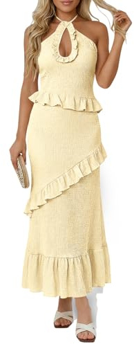 Wenrine Womens Sexy Halter Maxi Dress Cutout Sleeveless Ruffle Tassel Backless Party Club Summer Dresses Light Yellow