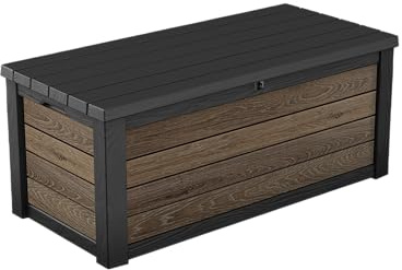Keter Baule da Giardino Deco 150, Finitura Effetto Noce, Coperchio con Pistoni, Seduta con Portata 300 Kg, Capacità 570L, 151,7x72,5x70H cm