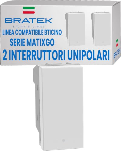 Bratek 2X Interruttore Compatibile BTicino Matix GO - Interruttore Luce Muro Unipolare Basculante Bianco, Sostituisce JW4001 x Supporti B Ticino MatixGo - Made in Europe, Illuminabile, LED Non Incluso