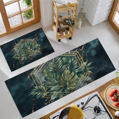 Set Di 2 Tappeti Da Cucina Antifatica 40x60cm+40x120cm, Tappetini Da Cucina Motivo Geometrico Monstera Deliziosa, Antiscivolo Tappeto Decorazioni Lusso Retrò Lavabile per Corridoio, Verde Scuro