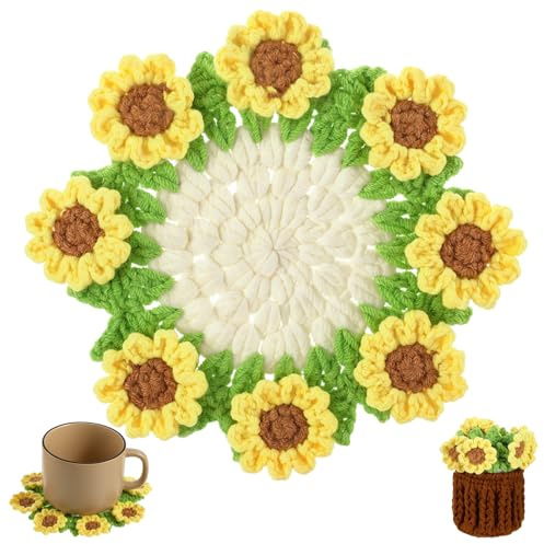 RAHHLIZS Sottobicchieri fatti a mano con girasoli all'uncinetto, sottobicchieri floreali lavorati a maglia, simpatici fiori all'uncinetto, regalo per amici, familiari e amanti, protezione per