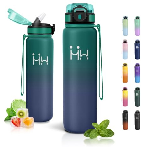 JAPORIA Botella Termica 1L, Botella de Agua con Pajita, sin BPA, a Prueba de Fugas, Doble Pared al Vacío, Reutilizable, Cantimplora para Deporte, Gimnasio, Yoga, Camping