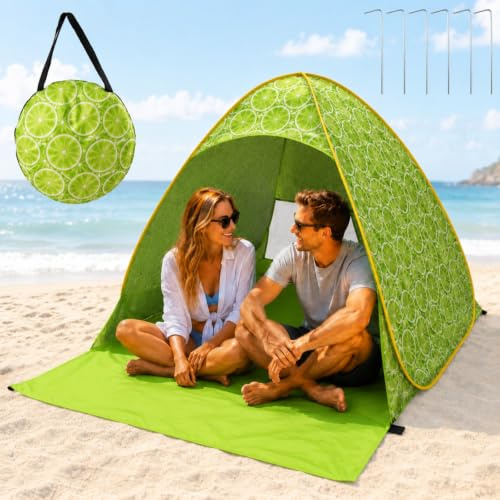 SilverChry Tente de Plage Pop-Up, Abri de Plage Pop-Up, Protection UV 50+, pour 2 à 3 Personnes, avec Sac de Rangement et Sardines, Idéal pour Le Camping Familial, Les Pique-niques (Citron)