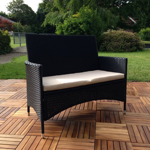 Melko Gartenbank Sitzbank Polyrattan 108x51x89 cm mit Kissen Schwarz | Bezug in Creme abnehmbar und waschbar, Gestell aus Metall mit durchgehendem Flechtwerk, UV-beständig, für Balkon und Terrasse