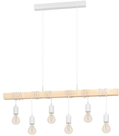 Eglo lámpara de techo Townshend, lámpara de techo de 6 focos de diseño industrial, lámpara colgante retro de acero y madera, color blanco, marrón, portalámparas E27