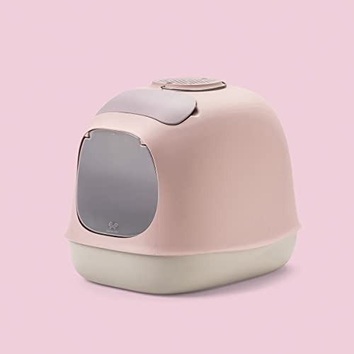 United Pets Minu Arenero para Gatos Cubierto, Made in Italy, Recogedor y Filtro, Color Rosa y Gris. Caja de Arena para Gatos con Capucha, Talla única