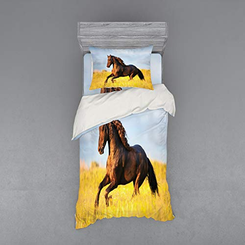 Ambesonne Horses Bedding Set, Friesian Horse with Mane Gallops in Meadow Mystery Vitality Horse, 3 Piece Duvet Cover Set with Sham and Fitted Sheet, Twin Size, Yellow Brown Blue