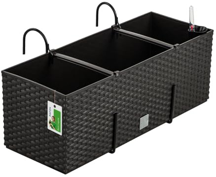 PAFEN Blumenkasten Blumentopf Rattan-Optik mit Halterungen 4 Farben Pflanztopf Wasserstandsanzeiger Balkonkasten Pflanzkästen Umbra