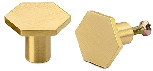 SIYI-XIU 2 Stück Möbelknöpfe Gold Hexagon aus Gebürstetem Massivem Messing Schrankknöpfe mit Schraube für Schrank,Schreibtisch,Schublade,Kommode(30 x 21mm)