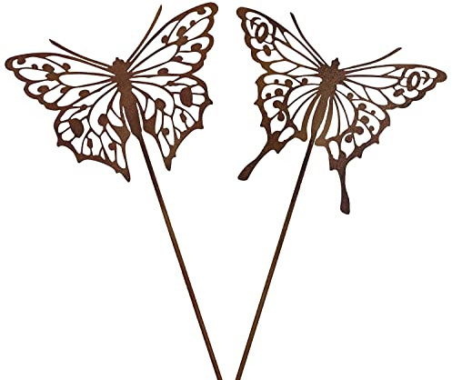 B2S BACK2SEASON 2 x Metall Stecker Schmetterling braun edel Gartenstecker Rost-Optik Tierfigur Blumenstecker Gartendeko H=77 cm 2er Set