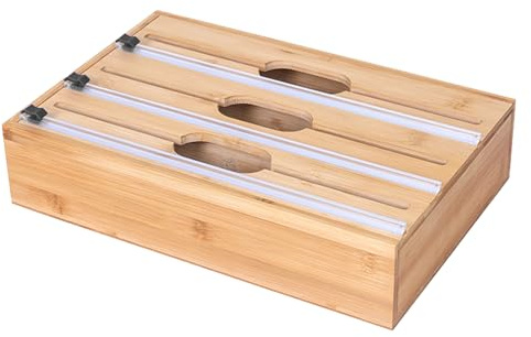 ERZU Stretch-Folienspender, 100 % Bambus, Zinnfolie, Organizer mit Cutter und Etiketten für Schublade, Wachspapierhalter für Küchenutensilien