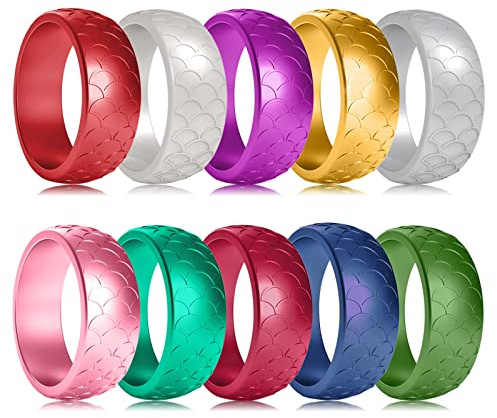 10 Pack Candy Color Wedding Band for Men Women Flexible Comfort Sport Silicone Ring Black Red Blue Yellow Pink White Green Purple, 8 UK, Silicone, Cubic Zirconia