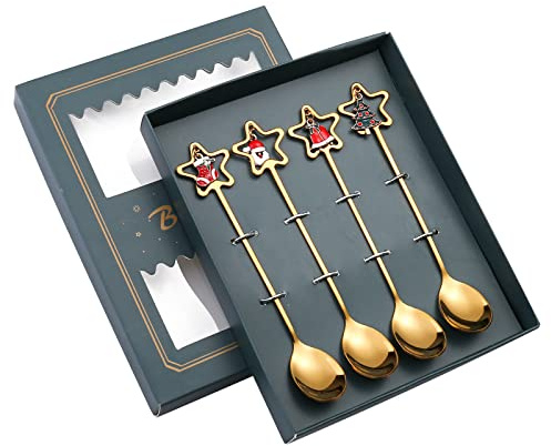KONG JIMFAN Weihnachtslöffel Gabel Set,Edelstahl Weihnachtskaffeelöffel Teelöffel Set Weihnachts Kaffee-Rührlöffel Teelöffel Dessertlöffel Rührlöffel Edelstahl Löffel,für Bar Café Küche Tischdeko