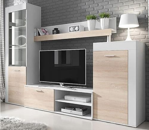 KRYSPOL Rita Wohnwand für Wohnzimmer, modernes Wandmöbel-Set, niedriger Schrank, matt weiß Sonoma