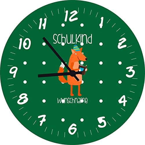 Shirtinstyle Kinderzimmeruhr Schulkind mit Tiermotiv Fuchs mit Wunschnamen Geschenk Uhr Kinder Handmade Wanduhr Wunschtext Name, 29cm, Farbe Dunkelgreen