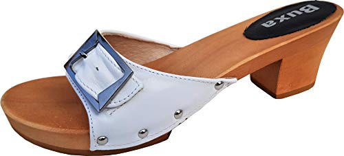 Generisch Elegeante Schweden Holz Clogs Pantolette von BUXA - Gr.36, 37, 38, 39, 40, 41 *Weiss* Echt Leder Handgefertigt Schuhweite NORMAL