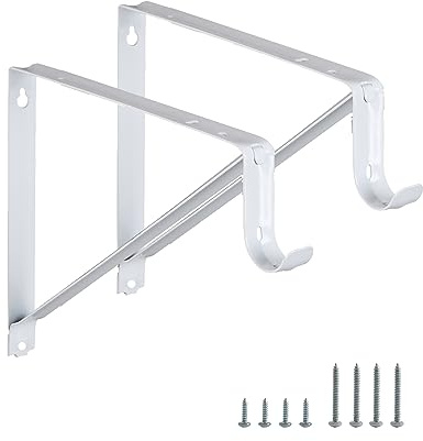 HOME MASTER HARDWARE Heavy Duty Closet Rod Brackets 2 Pack, Wall Mounted Shelf Bracket with Rod Shelving Support, 11 x 9.5 in Shelves Support Brace with Hook, White with Screws
