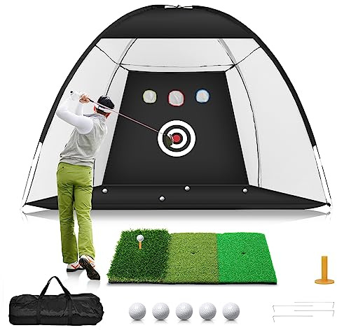 Golf-Netz, 3 x 2,1 m, Golf-Übungsnetz mit Tri-Turf-Golfmatte, All-in-1 Heimgolf-Schlaghilfe-Netze für Hinterhof, Fahren, Chippen, Schaukeltraining mit Zielscheibe/Matte/Bälle/Tee/Tasche, Geschenk für