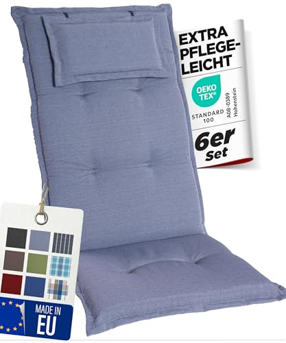 gardisun Gartenstuhlauflagen Hochlehner mit Kopfteil, 6er Set, Hellgrau | Extra Dicke Sitzauflagen, Made in Europe, Polsterauflagen für Hochlehner, Auflagen mit extra hohem Komfort