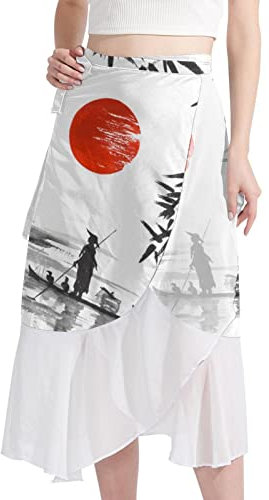 Swimsuit Cover Up, Womens Sarong, Sheer Chiffon Long Beach Tie Wrap Skirt, Chinese Style Painting Boat Bamboo Sun