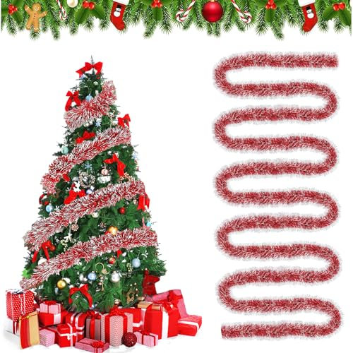 JLTXKST Espumillón de Navidad,10m Guirnalda de Oropel de Navidad,Brillante Guirnalda Oropel,Espumillon Decoración,Guirnalda de Oropel,para Decoraciones Navideñas en Interior y Exterior(Rojo) (B)