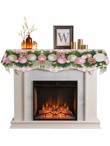 Christmas Mantel Scarf for Fireplace, Christmas Winter Pine Needles Pine Cones Berries Pink Fireplace Cloth Cover, 90x17 Inch Mantle Scarves Table Covers for Living Room, Window, Dressing Table Decor