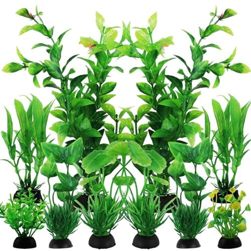QUOZUO Decorazioni per Acquario, 10 verdi Piante Artificiali Acquario Ornamenti kit, Pianta decorazione in plastica, Accessori per Acquario