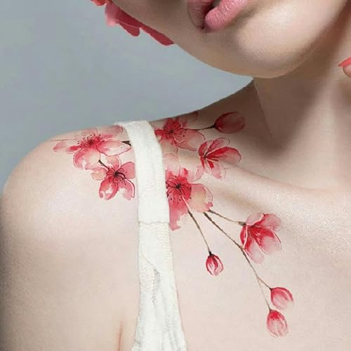 Japanese Cherry Blossom Tattoo Stickers Temporary Tattoos Fake Tattoo Collarbone Waterproof Flower Long-Lasting Sexy Peach Blossom Aesthetic