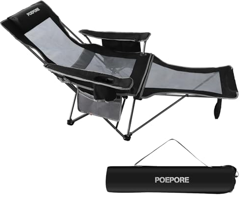 POEPORE Campingstuhl Faltbar mit Fußstütze 4-Fach Campingstühle Strandstuhl Liegestuhl für Erwachsene 120kg Verstellbarer Klappbarer Angelstuhl mit Kühltasche Kissen Getränkehalter Schwarz