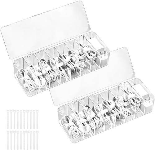Delsen 2 Stück Kabel Aufbewahrungsbox mit Deckel,Kabel Organizer Box,Transparenter Cable Ladegeräte Management Box mit 7 Fächer und 20 Kabelbindern für die Aufbewahrung auf dem Schreibtisch,Büro