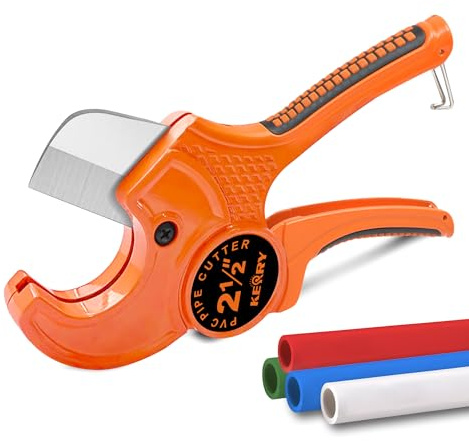 Kerry PVC Pipe Cutter, Up to 2-1/2 O.D. Ratcheting Heavy-Duty PEX POLY PE Plastic Hoses and Plumbing Tube Cutting Tool, Stainless Steel Blades, Thicken Aluminum Body Efficient Extended Handle