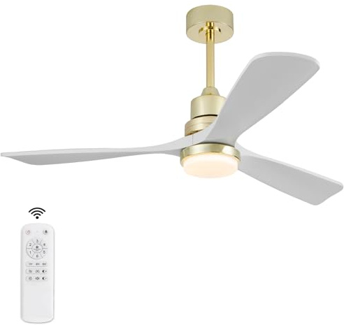 BOJUE 52 Inch Gold Ceiling Fans with Lights and Remote, Dimmable LED Light, Modern Solid Wood Ceiling Fan with Light for Indoor/Outdoor Farmhouse, Bedroom, Patio - Gold Finish and White Blades
