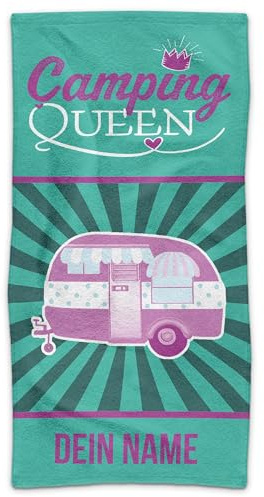 Print Royal PR Personalisiertes Handtuch für Camper mit Spruch - Camping Queen - mit Name Bedrucken | Camping Badetuch selbst gestalten, Individuelles Fotogeschenk für Campingfreunde - 100 x 50 cm