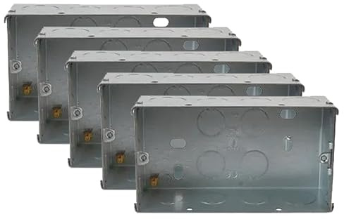 rhinocables Metal 2 Gang Double Socket Back Box, Double Pattress Box Mount, Steel Knock Out Flush Mount (5 Pack, 47mm)