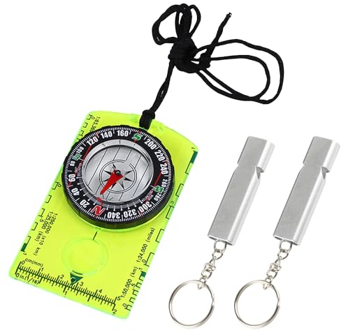 1 boussole verte fluorescente et 2 sifflets argentés, accessoires de plein air, boussole de randonnée, mini boussole, équipement de camping, boussole pour enfants, boussole portable