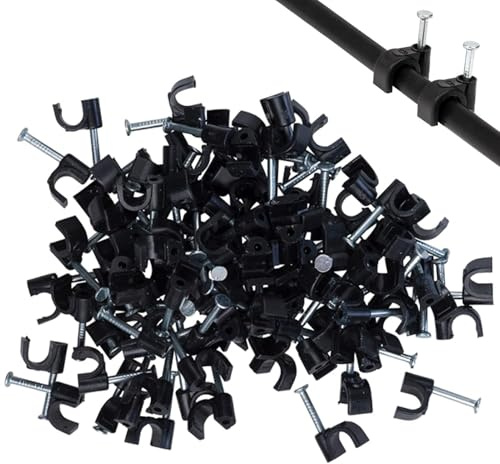 100 PCS 10mm Round Cable Clips, Wire Clips Round, Cable Tacks Wire Tidy Clips Management Cable Tidy Clips Electrical Cable Wall Clips Tacks Holder Cable Pins Clip with Steel Nail (Black)