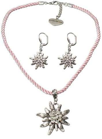 Alpenflüstern Trachtenschmuck-Set Kordel-Trachtenkette und Ohrhänger Strass-Edelweiß - Damen-Trachten-Schmuck, Trachtenset Dirndl-Kette und Trachten-Ohrringe (rosa-rosé) SET021